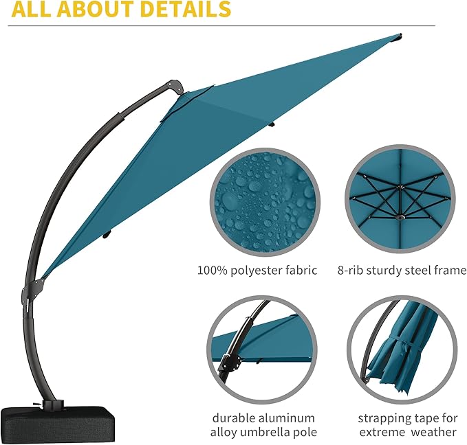 Kingdura 11ft Offset Cantilever Patio Umbrella with Base Included, Large Round Aluminum Outdoor Umbrella, 360° Rotation & Infinite Tilt, Heavy Duty Frame for Deck Pool Backyard, Lake Blue