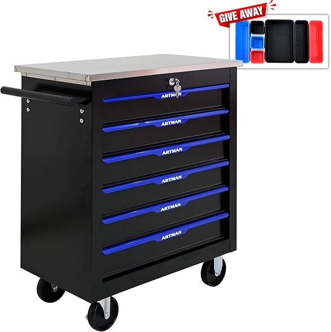RYH 4/5/6/7 Drawers Rolling Tool Chest -Heavy Duty Mobile Metal Tool Box with Locking Wheels, with Stainless Steel Worktop, Garage Tool Storage Cabinet (Black-Blue, 6-Drawers 30.7 H¡¿25.9 W)