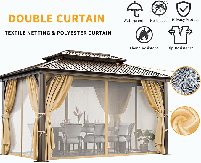 HOTEEL 10x12 Hardtop Gazebo with Heavy Duty Galvanized Steel Double Roof, Aluminum Frame, Flame-Resistant Curtains and Netting, Outdoor Permanent Pavillon for Backyard, Brown (2025 Upgraded)