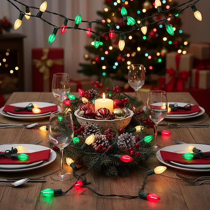 C7 LED Christmas Lights Outdoor,25ft LED Clear Red White Green Christmas Lights with 27 LED Bulbs(2 Spare),Connectable Christmas Decorations Light for Indoor Outdoor Home Party Garden Yard
