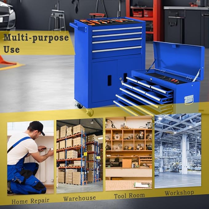 13-Drawer Rolling Tool Chest with Double Door Handle, 2 in 1 Detachable Tool Chest, Large Tool Storage with Wheels, Lockable Tool Cabinet for Garage, Barbershop-Blue