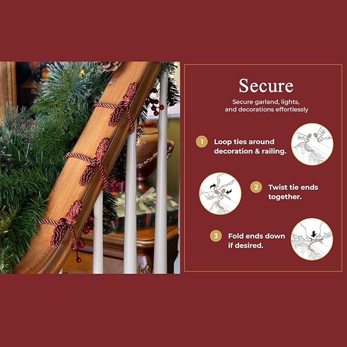 Haute Decor Decorative Garland Ties, 6 Pack, 20 inches (Burgundy) - Easily Hang and Secure Garland, Lights, and Decorations - Strong Inner Wire