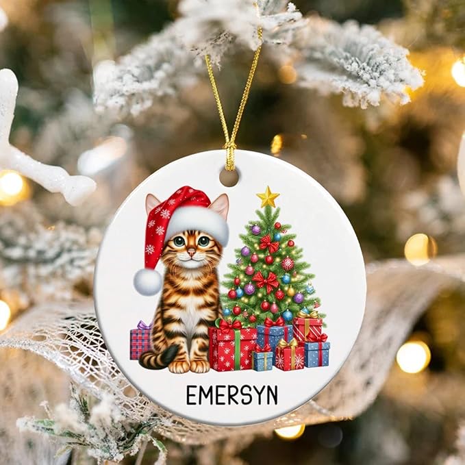 Customized Bengal Cat Ceramic Christmas Ornament with Name, Personalized Bengal Ornaments for Christmas Tree 2025, Cat Wearing Santa Hat Ornament Gift for Men Women Pet Lover, Pet Xmas Decor