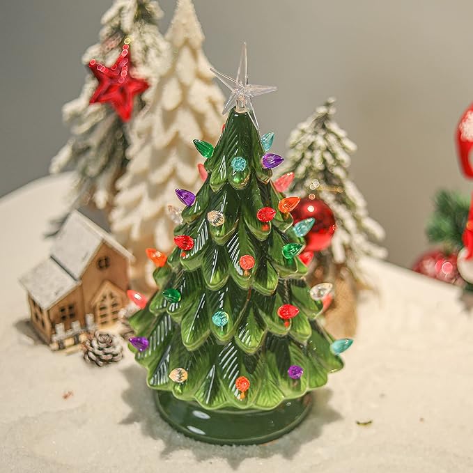 Ceramic Christmas Tree 12 Inch Tabletop Christmas Tree Vintage Christmas Decoration Battery Operated Mini Green Xmas Trees with Multicolored Lights
