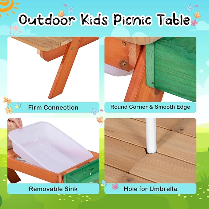 Kids Picnic Table, Outdoor Wooden Table w/Adjustable Umbrella & Garden Bed, 4-in-1 Sand & Water Activity Table w/Built-in Bench & Removable Boxes, Patio, Backyard