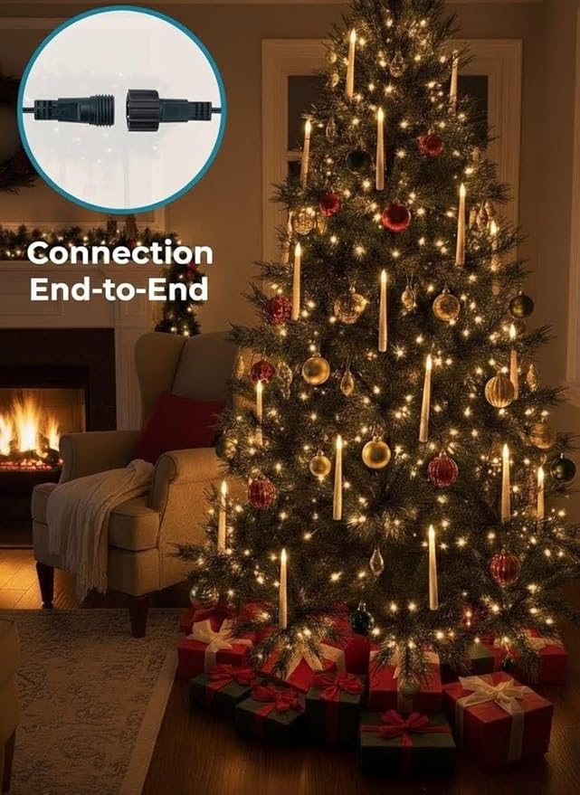 10 Hanging Christmas Tree Candle Lights, 24ft Plug-in LED Flameless Candles with Warm Glow, 8 Lighting Modes, Waterproof & Connectable for Indoor/Outdoor Holiday Decorations