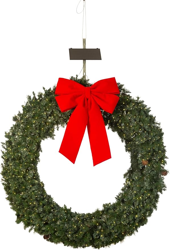 Solar Extra Large Christmas Wreath72Inch Pre-Lit Solar 600 Led Warm White Lights Holiday Artificial Decor Lighted Wreath Outdoor Store Business Garage Green Christmas Decorations (7201)