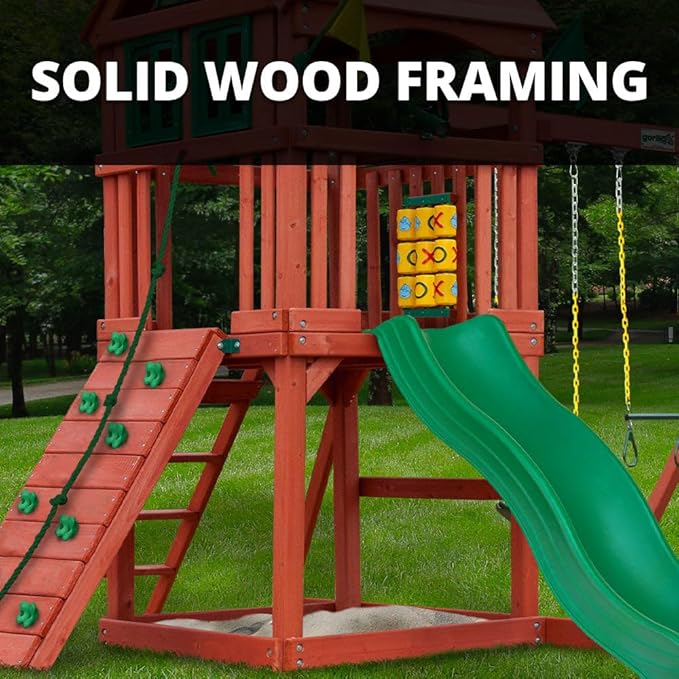 Gorilla Playsets Spring Creek Wooden Swing Set with Wood Roof, Slide, Swings, and Climbing Wall