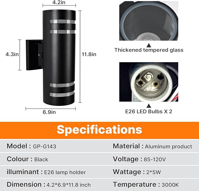 Dusk to Dawn Wall Light 4 Pack, Modern Outdoor Wall Lights with LED Bulbs, Cylinder Black Porch Light Fixture Wall Mount, Up and Down Lighting Outdoor Wall Sconce for House Porch Door
