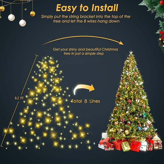 Christmas Tree Lights Indoor Outdoor, 280 LED Christmas String Lights 8.2FT x 8 Lines with 8 Modes & Timer, Waterproof Twinkle Decor Lights Plug in for 8FT Xmas Tree Christmas Decoration (Warm White)