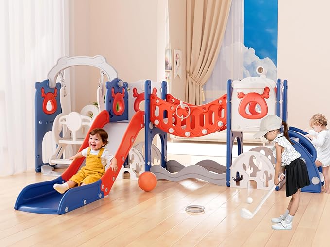 XJD 12-in-1 Toddler Slide and Swing Set, Kids Slide for Toddlers Age 1+, Toddler Outdoor Playset New Upgrade with Golf Set, Basketball Hoop, Drawing Board for Playground (Blue Red)