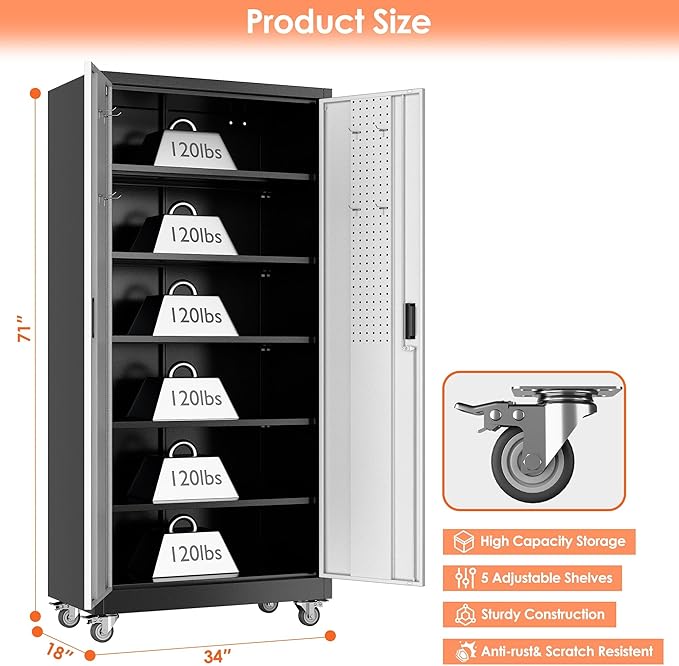 Aobabo Upgrade 71H''*34''W*18''D Metal Garage Storage Cabinet with Wheels and Pegboards, 5 Adjustable Shelves Steel Storage Cabinets for Home,Warehouse,Garage,Assembly Required,Black Sliver