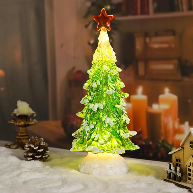 Small Christmas Tree Green Acrylic Tree with Timer 8 Inch Tabletop Christmas Tree with LED Lights Vintage Christmas Decoration Battery Operated Mini Green
