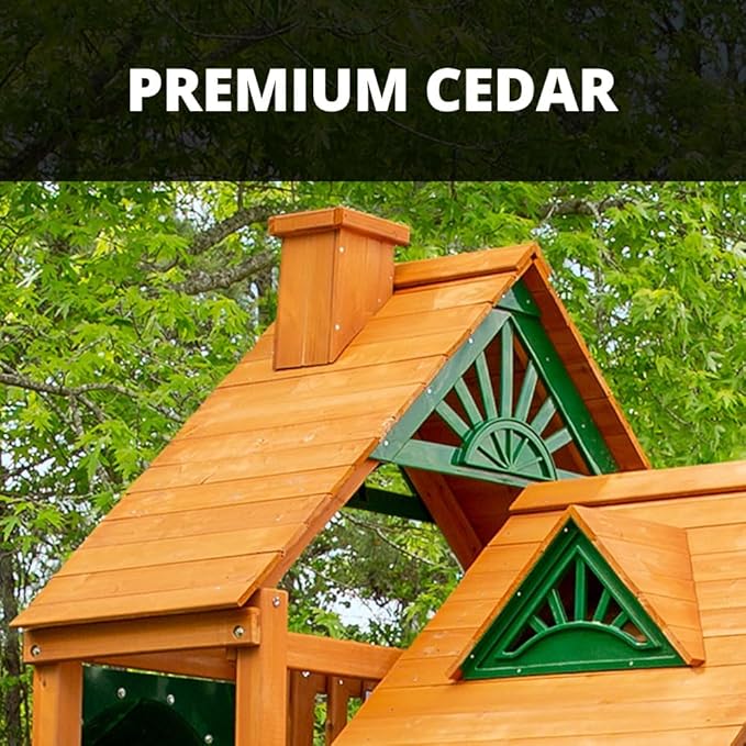 Gorilla Playsets 01-0055-AP Pioneer Peak Treehouse Wooden Swing Set with Amber Posts, Tire Swing, Slide and Tower with Clatter Bridge, Brown