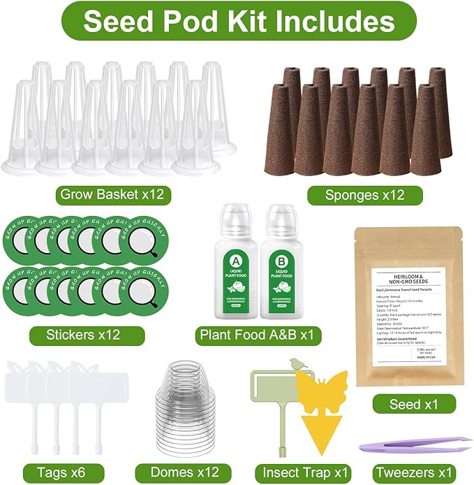 12 Pods Gourmet Herb Seed Kit Compatible with All Hydroponics, Hydroponic Growing Kit with Nutrient Solution, Seeds & Grow Sponges – Indoor Garden for Fresh Herbs & Vegetables (Nutrient & Basil)