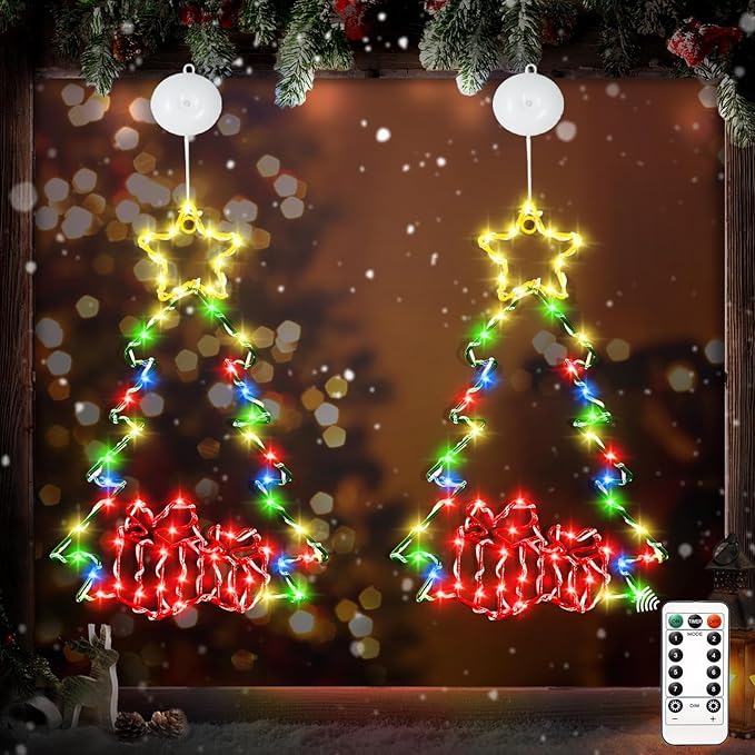 2Packs 14in Christmas Decorations Tree LED Lights with Timer, Battery Operated Christmas Tree Window Silhouette Lights Decorations, Christmas Wall Window Hanging Lights for Indoor Outdoor