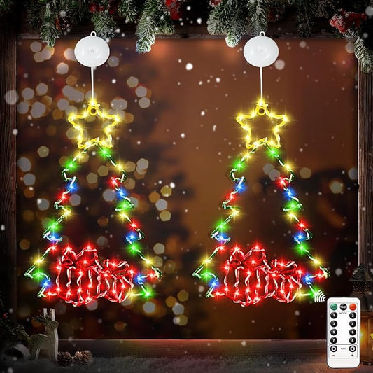 2Packs 14in Christmas Decorations Tree LED Lights with Timer, Battery Operated Christmas Tree Window Silhouette Lights Decorations, Christmas Wall Window Hanging Lights for Indoor Outdoor