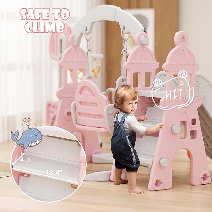 KORIMEFA 5-in-1 Kids Slide and Swing Set, Toddler Slide with Basketball Hoop, Swing, Outdoor Indoor Playground for Toddlers 1-3 (5 in1-Pink)