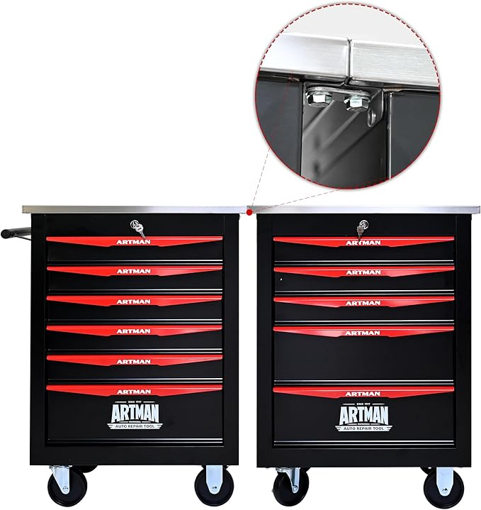 RYH 4/5/6/7 Drawers Rolling Tool Chest -Heavy Duty Mobile Metal Tool Box with Locking Wheels, with Stainless Steel Worktop, Garage Tool Storage Cabinet (Black, 6-Drawers 30.7 H¡¿22.2 W)