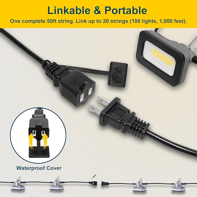 GT-Lite 50FT LED Work Light 50W 5000 Lumen Damp Rated Construction String Lights Linkable for Jobsite Lighting, 5000k Daylight White, ETL Listed (5 Light Heads)