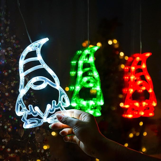 LOLStar Christmas Window Lights 3 Pack Red White and Green Gnomes Xmas Lights with Suction Cups 2024 Upgrade Timer Function and Slowly Fade Mode Battery Operated Indoor Decors Christmas Decorations