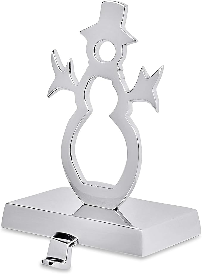 BIRDROCK HOME Whimsical Snowman Stocking Holder for Mantle – Holiday Christmas Decorations – Hanger for Stockings – Stainless Steel Hooks Fireplace Topper Stairs – Decorative Heavy Stand - Silver