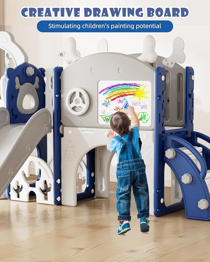 XJD 13-in-1 Toddler Slide and Swing Set, Kids Slide for Toddlers Age 1+, Toddler Outdoor Playset New Upgrade with Golf Set, Basketball Hoop, Drawing Board for Playground (Blue White)