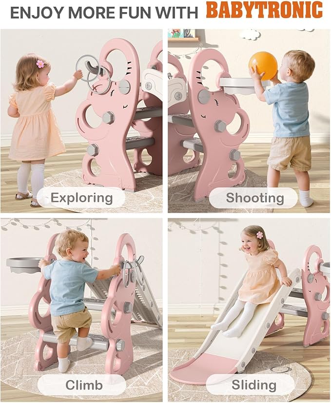 Babytronic Toddler Slide, Kids Indoor Outdoor Playset with Basketball Hoop & Ring Toss, Foldable Baby Plastic Slide, Outdoor Playground Climber Slide (Pink&White)