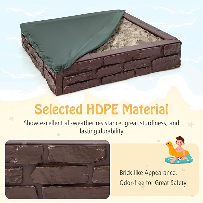 HONEY JOY Sandbox with Cover, 47 x 47 Inch Square Sand Pit for Backyard, Bottom Drainage Oxford Liner, HDPE Playful All Weather Resistant Sand Boxes for Kids Outdoor with Lid (Brown)