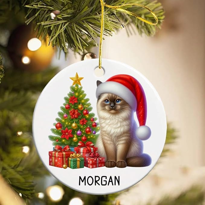 Customized Siamese Cat Ceramic Ornament with Name, Personalized Siamese Christmas Ornament 2025, Cat Christmas Tree Ornaments Gift for Men Women Pet Lover, Pet Wearing Santa Hat Xmas Decor