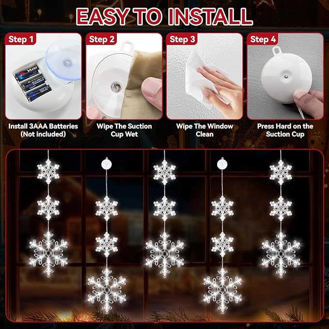 5Pcs Christmas Window Lights, Battery Powered Twinkle Lights Christmas Decorations Indoor Outdoor for Wall Door Porch Balcony Glass Decor with Suction Cup & Timer