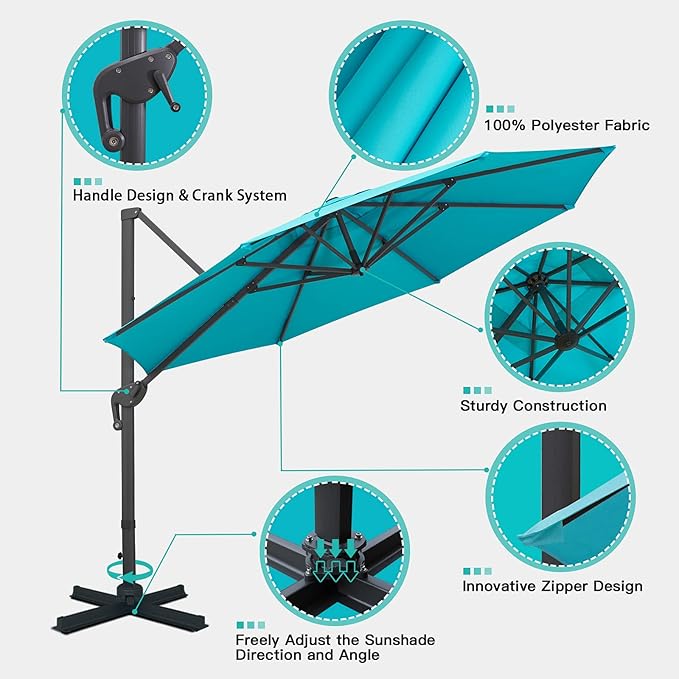 Sunnyglade 11Ft Cantilever Patio Umbrella Deluxe Offset Umbrella 360°Rotation & Integrated Tilting System Heavy Duty Patio Hanging Umbrella for Market Garden Deck Pool Backyard Patio (Blue, 11 ft)