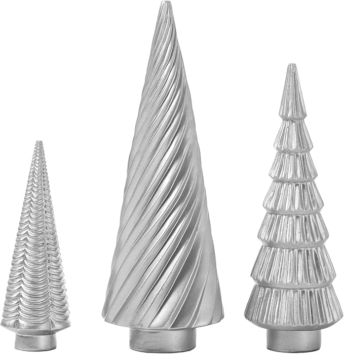 DN DECONATION Silver Christmas Tree Figurines Set of 3, Table Top Xmas Tree Decor with Glitter, Modern Pine & Swirl Design, Resin Christmas Trees for Mantel, Desk, Fireplace,Holiday Centerpiece