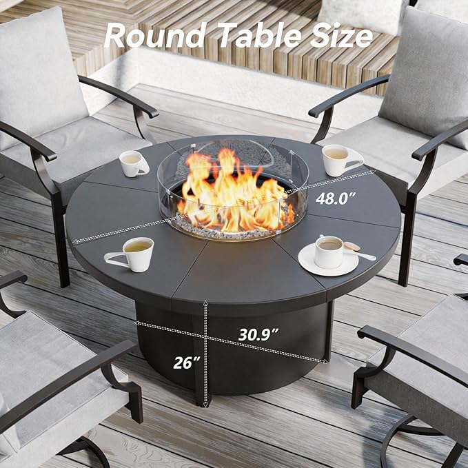 48 Round Propane Fire Pit,Steel Tabletop Fire Pit w Lava Rocks,55000 BTU Auto-Ignition Gas Fire Pits with Lid & Windproof Glass for Outdoor,Patio,Backyard