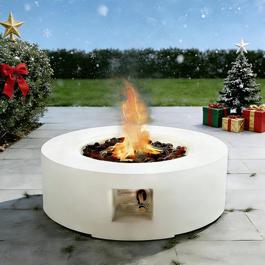 ECOTOUGE Round Propane Fire Pit, 30 Inch Outdoor Gas Fire Pit Table, Steel Fire Table w/50,000 BTU Auto-Ignition, Weather-Resistant Pit Cover, Lava Rocks, No Tank Holder, White