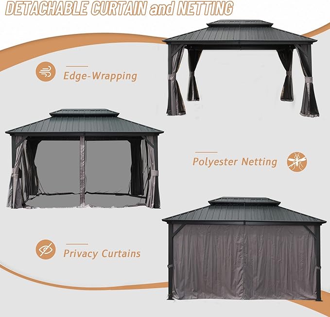 Domi 10' x 12' Hardtop Gazebo Permanent Metal Gazebo with Galvanized Steel Double Roof, Curtains and Netting for Patio, Backyard, Deck, Lawn, Gray