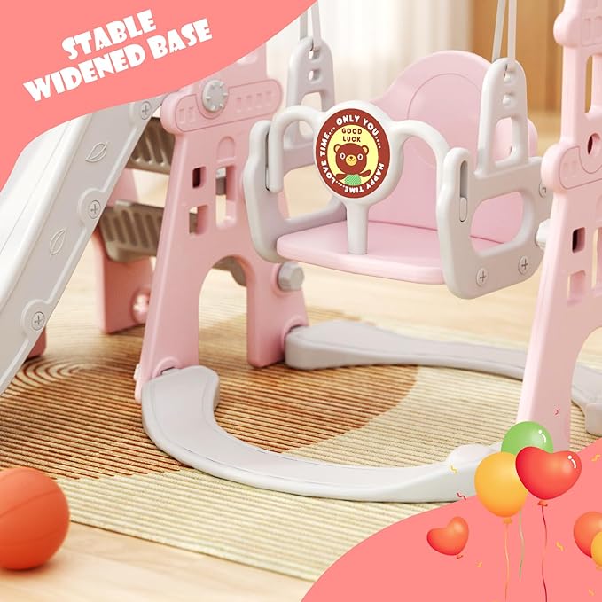 KORIMEFA 4-in-1 Kids Slide and Swing Set, Toddler Slide with Basketball Hoop, Swing, Outdoor Indoor Playground for Toddlers 1-3 (4 in 1-Pink)