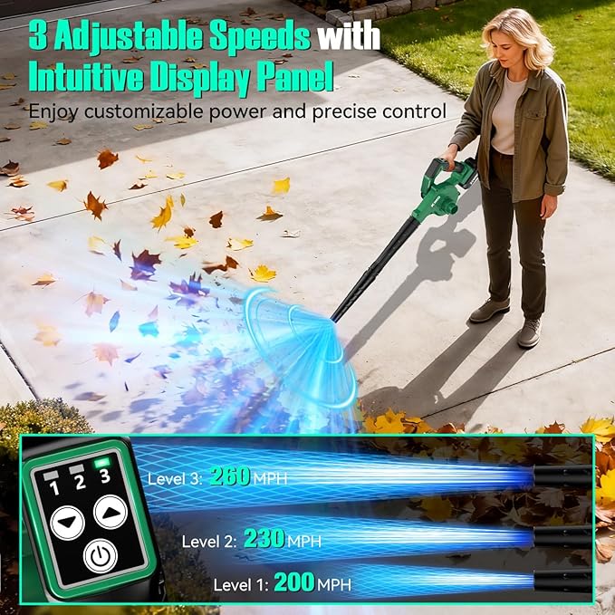 K I M O. Cordless Leaf Blower and Vacuum Combo 4 In 1, 3 Nozzles for Inflation and Deflation, 190MPH/260CFM, Smart Panel with 3 Modes, 20 Extended Tube, 2000mAh Battery Cordless Blowers for Lawn Care
