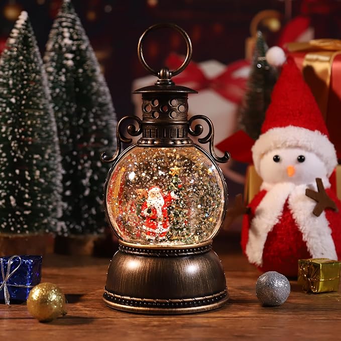 Snow Globe Lighted Christmas Decorations,Christmas Snow Globe Lantern with Musical, Retro Style Holiday Glitter Globe for Xmas Home Decoration Gifts