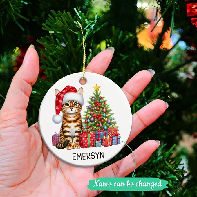 Customized Bengal Cat Ceramic Christmas Ornament with Name, Personalized Bengal Ornaments for Christmas Tree 2025, Cat Wearing Santa Hat Ornament Gift for Men Women Pet Lover, Pet Xmas Decor
