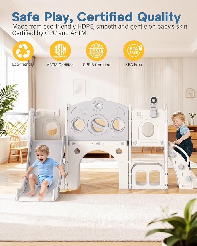 Babytronic Toddler Slide Set, 8 in 1 Kids Slide with Climber, Indoor Outdoor Slide for Toddlers Age 1-3, Toddler Playset with Basketball Hoop and Tunnel, Toddler Indoor Outdoor Playground (White&Gray)