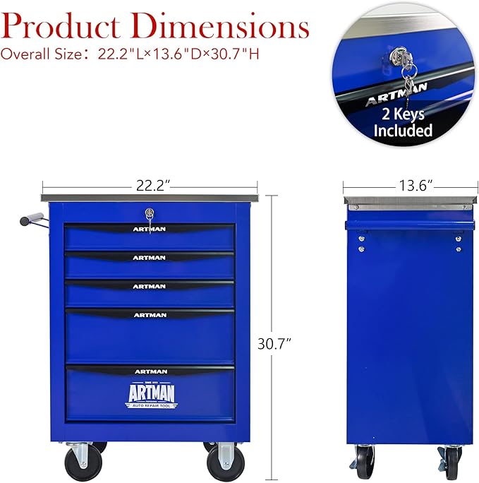 RYH 4/5/6/7 Drawers Rolling Tool Chest -Heavy Duty Mobile Metal Tool Box with Locking Wheels, with Stainless Steel Worktop, Garage Tool Storage Cabinet (Blue, 5-Drawers 30.7 H¡¿22.2 W)