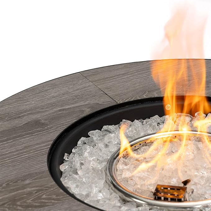 30'' Marble Ceramic Round Gas Fire Pit, 50,000 BTU Outdoor Fire Tables, Fire Table with Lid, Add Warmth & Ambience to Gatherings and Parties On Patio Deck Garden Backyard, White Glass Stone.