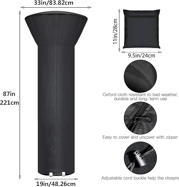 Patio Heater Covers with Zipper and Storage Bag,Waterproof,Dustproof,Wind-Resistant,Sunlight-Resistant,Snow-Resistant,Black,87'' Height x 33 Dome x 19 Base
