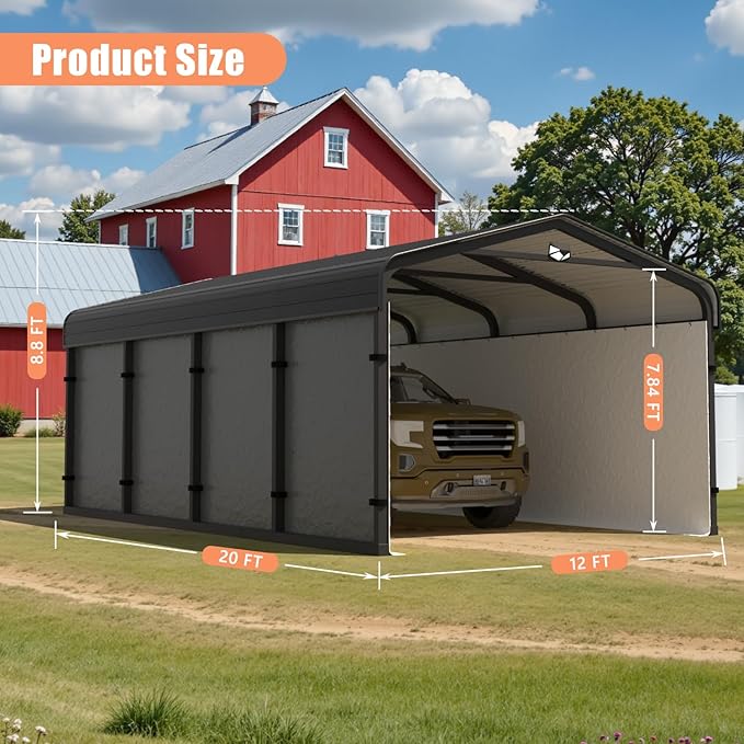 12x20 Metal Carport, Galvanized Steel Roof Car Port with Remvoable Polyethylene Sidewalls