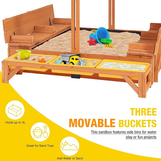 Wooden Sandbox with Cover | Large Sandpit for Kids Outdoor with Adjustable Canopy Backyard Play | w/Movable Toy Bins
