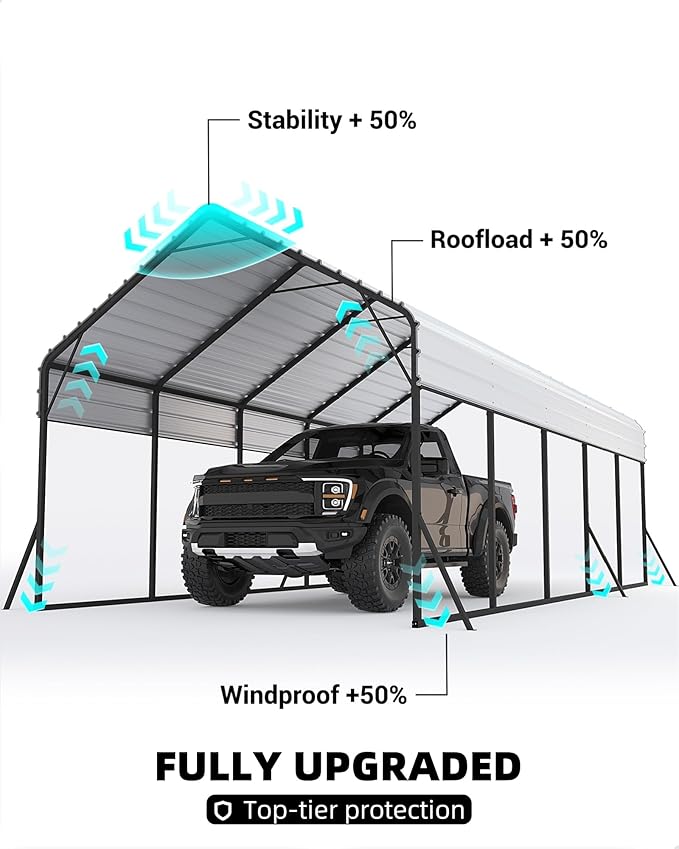 13x26 FT Metal Carport Heavy Duty Car Ports Reinforced Frame, Galvanized Steel Roof and Enhanced Base All-Weather Outdoor Oversized Shelter for Cars, Bass Boats, Full-Sized Pickup Trucks, Tractors