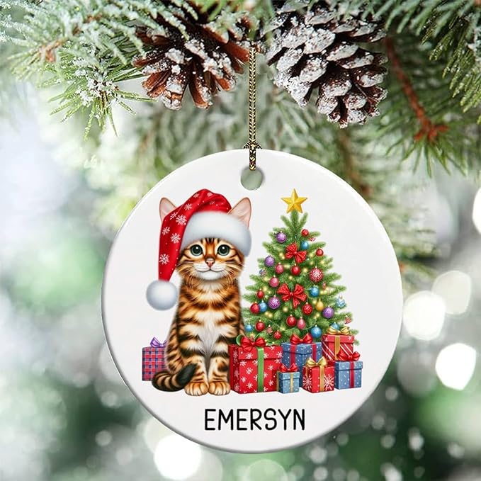 Customized Bengal Cat Ceramic Christmas Ornament with Name, Personalized Bengal Ornaments for Christmas Tree 2025, Cat Wearing Santa Hat Ornament Gift for Men Women Pet Lover, Pet Xmas Decor