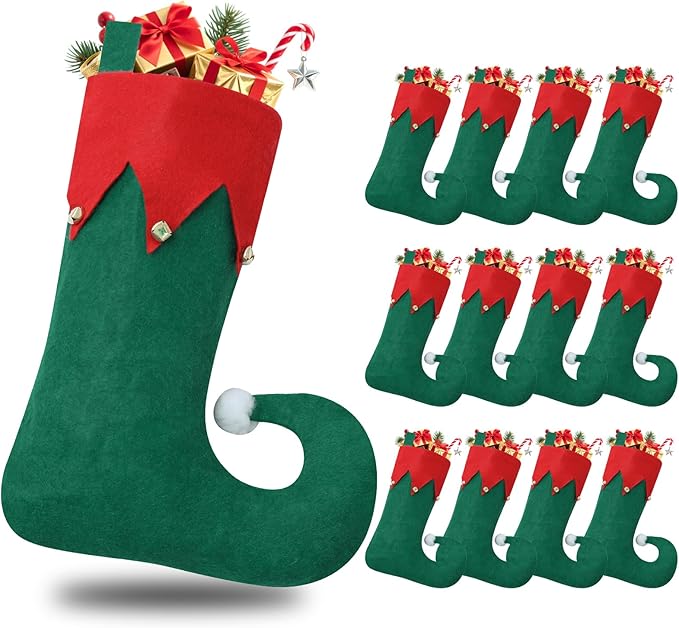 12 Pack Christmas Elf Stockings, Felt Elf Christmas Stocking with Bells Hanging Stockings, Green Xmas Stockings for Family Christmas Holiday Decorations
