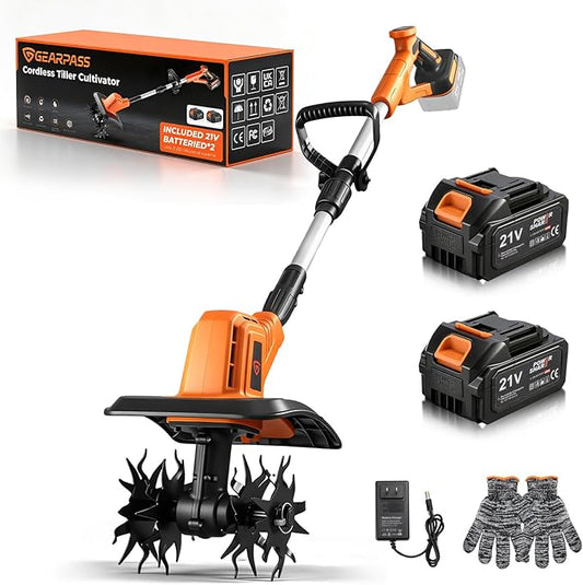 Cordless Electric Tiller Cultivator, 21V Battery Powered Garden Tiller with 2¡¿4.0Ah Batteries, 9¡È Tilling Width & 6.6¡È Depth, 360RPM 48 Rust-Resistant Blades for Soil & Gardening